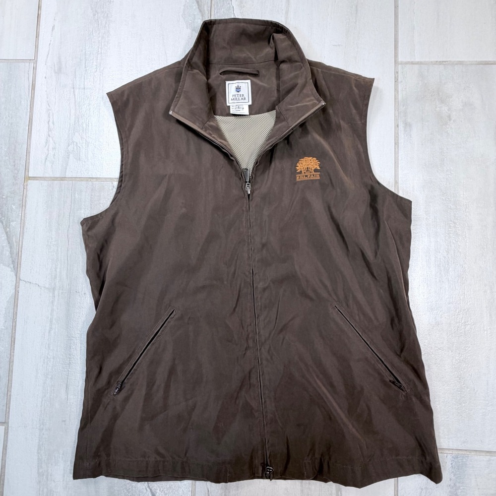 Peter Millar Belfair Golf Vest Mens Large Brown Full Zip Mesh Lined Mock Neck